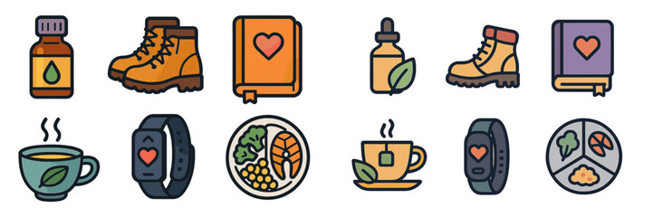 Various health and wellness icons represent self-care activities and products for a balanced lifestyle