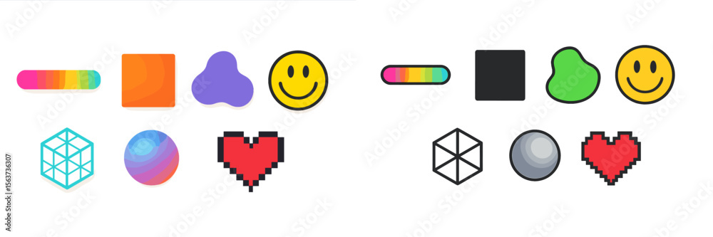 Poster colorful geometric shapes and symbols in a playful arrangement showcasing creativity and design tren