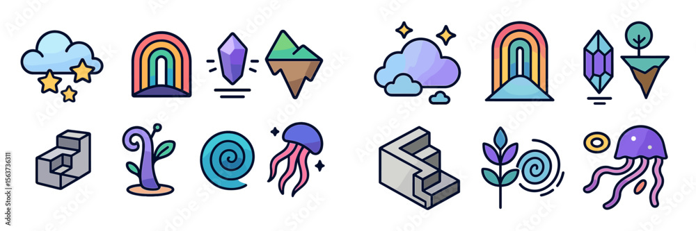 Poster Colorful illustrations of whimsical nature elements with patterns and shapes created in vector style