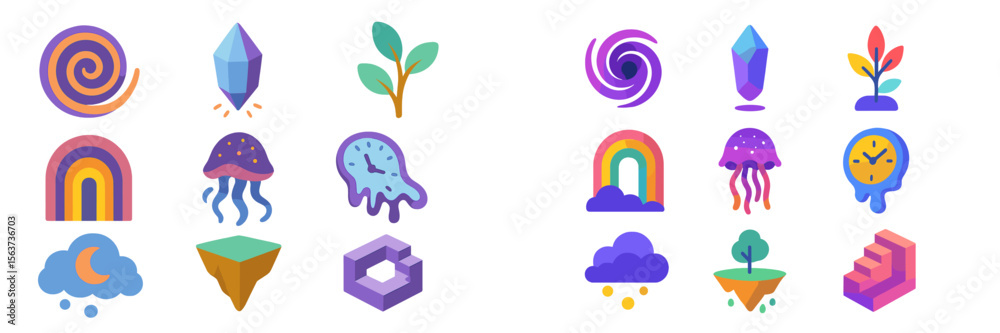 Poster Colorful abstract illustrations feature various natural and fantastical elements in a playful style surrounded by a vibrant background