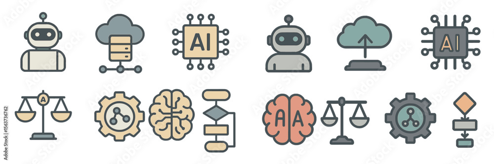 Poster Icons representing artificial intelligence concepts, including robots, clouds, and data processing elements, in a modern design