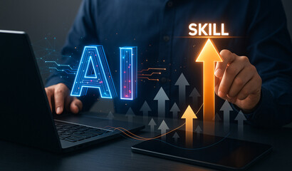 Artificial intelligence and digital skill development concept, person interacting with AI system to enhance professional ability, futuristic learning and technology upskilling interface.