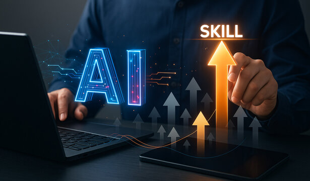 Artificial intelligence and digital skill development concept, person interacting with AI system to enhance professional ability, futuristic learning and technology upskilling interface.