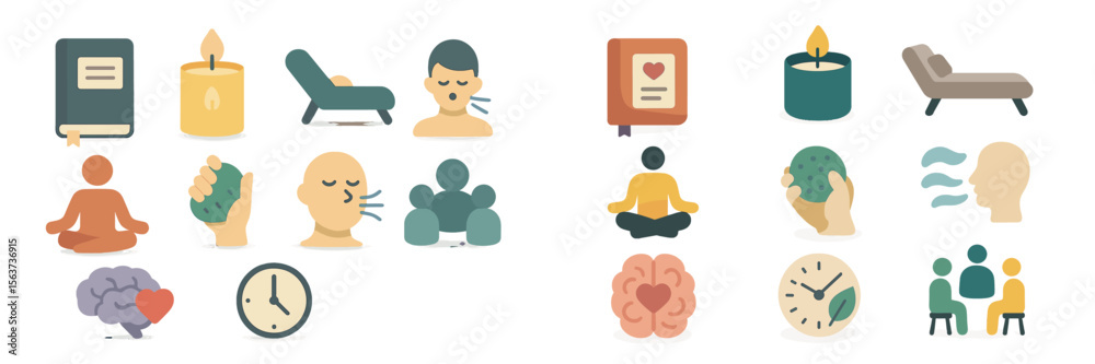 Poster exploring mindfulness and well-being through diverse activities and symbols representing mental heal