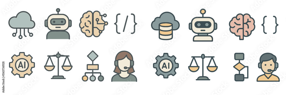 Poster Modern technology icons illustrating artificial intelligence concepts and interactions in a digital landscape