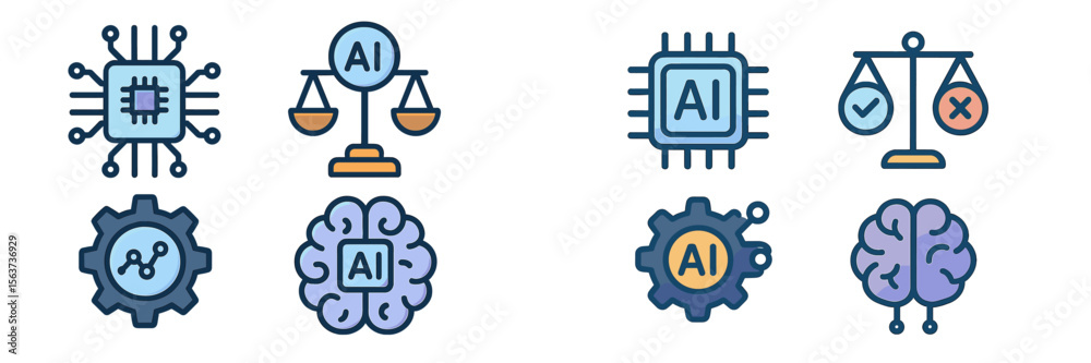 Poster icons representing artificial intelligence concepts such as ethics, balance, and technology, depicti