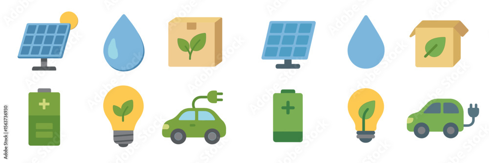 Poster eco-friendly symbols representing renewable energy sources and sustainable practices in graphic desi