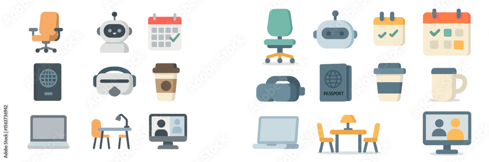 Poster workspace elements featuring virtual tools, scheduling, and travel essentials in a modern digital en
