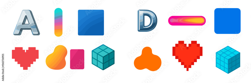 Poster creative digital icons and shapes showcasing various designs for modern graphic projects in a vibran