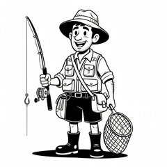 Cartoon illustration of a fisherman with a rod and net, wearing a hat and vest.