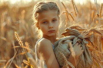 High Quality Picture of Girl Holding a Cloth Bag with Ears of Wheat