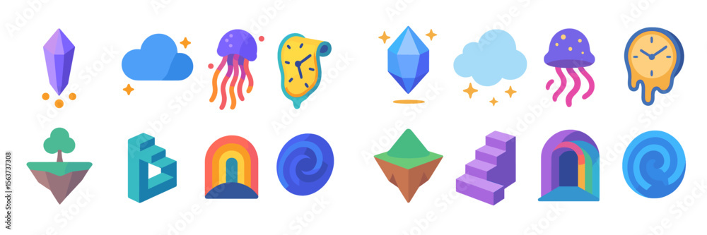 Poster colorful illustrations of whimsical objects including crystals, clouds, jellyfish, and timepieces in
