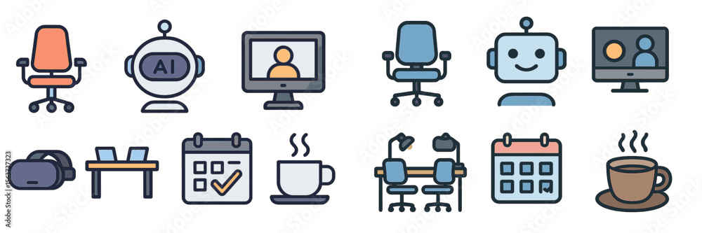 Poster Icons representing modern office technology and remote work setup with virtual meetings and AI integration