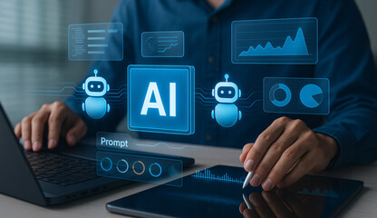 AI assistant for business analytics and prompt automation. Artificial intelligence chatbot interacting with dashboard interface on laptop and tablet, futuristic technology concept.

