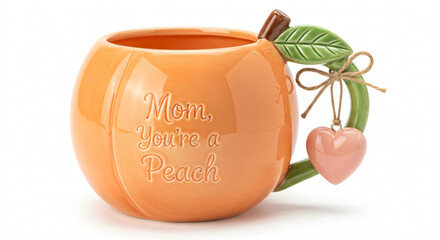 Ceramic mug shaped like a peach with the text Mom, You're a Peach and a decorated handle.