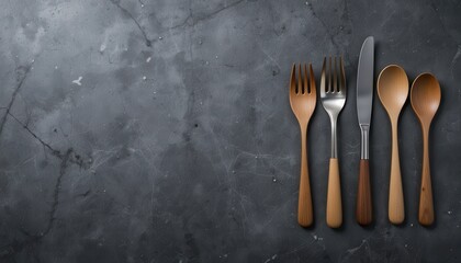 Elegant Flat Lay of Cutlery on Textured Gray Background with Ample Copy Space