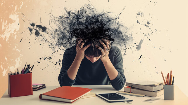 Creative abstract template collage of tired student chaos thoughts nervous overthinking surrealism metaphor psychedelic unusual fantasy 