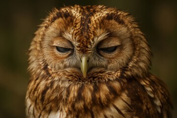 A close up of an owl with its eyes closed