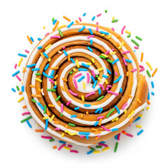 Cinnamon roll topped with white icing and colorful sprinkles on a white background.