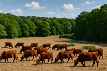 Fototapeta premium A herd of cows grazing in a field with trees in the background