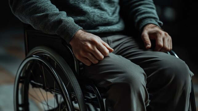 Close-Up of Hands on Wheelchair Armrest Showing Strength and Resilience in a Modern Indoor Setting for Disability Awareness Campaigns and Inclusivity Initiatives