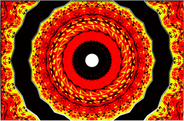 A vibrant radial pattern features concentric circles in fiery shades of red, yellow, and black, creating a dynamic and eye-catching design. The bold colors give it a striking and energetic appearance.