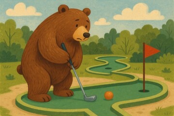 A bear playing miniature golf on a miniature golf course