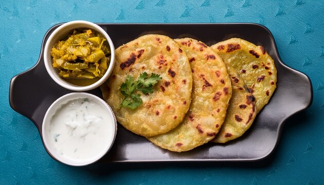 top view of aloo paratha served with bundi raita and pickle