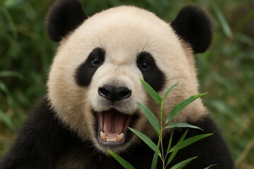 Obraz premium A panda bear with its mouth open and tongue out
