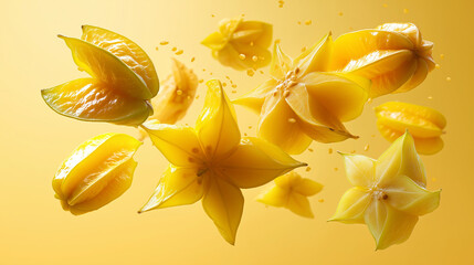 Creative image with fresh ripe yellow carambola or starfruit falling in the air isolated on the yellow illuminating background. Food levitation or zero gravity conception. High resolution image 
