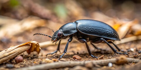 Close-up view of a black beetle navigating a forest floor, showcasing intricate details of its exoskeleton and legs as it moves through leaf litter and soil