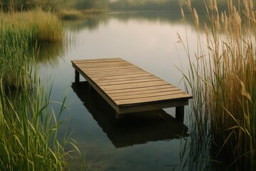 Naklejka premium A wooden dock in the middle of a lake surrounded by tall grass