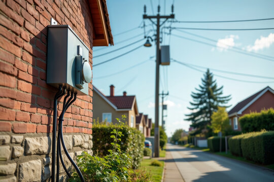 Home EV charging station. An electric vehicle charger installed on the brick wall of a suburban home, with a street view in the background.