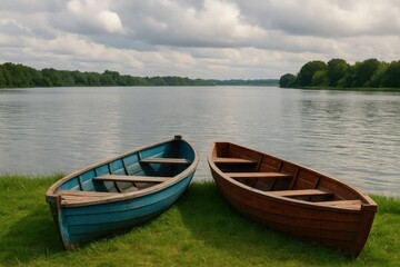 Fototapeta premium Two wooden boats sitting next to each other on the shore of a lake