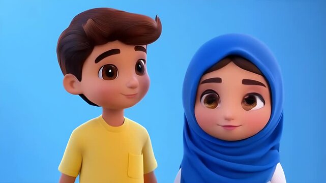 Muslim children cartoon characters. Islamic boy and girl in hijab.