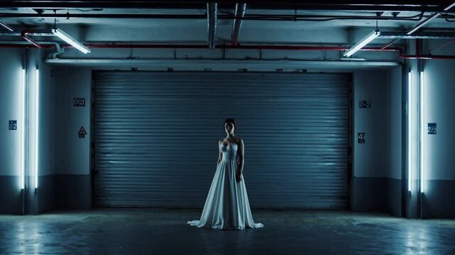 Femme en robe blanche dans un parking souterrain