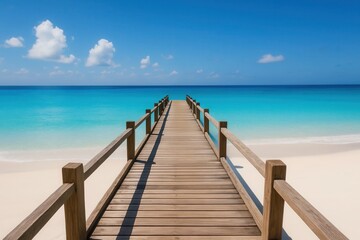 Obraz premium A wooden walkway leading to the ocean on a sunny day