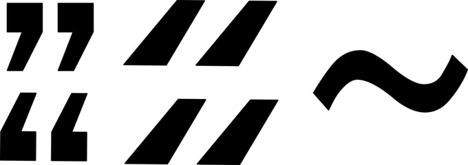 Punctuation Marks Set, Typographic Symbols Collection, Black Quotation Marks, Slashes, Tilde, Assorted Text Glyphs, Abstract Punctuation Design Elements