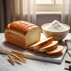 Loaf of sliced white bread on a wooden cutting board with flour in a bowl and wheat stalks.