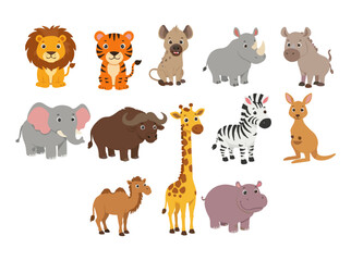 Cute cartoon wild animals vector icon set collection with a baby lion, bear, giraffe, rabbit, tiger, elephant, cow, horse, pig, dog, and cat characters