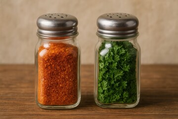 A couple of salt and pepper shakers sitting on top of a wooden table
