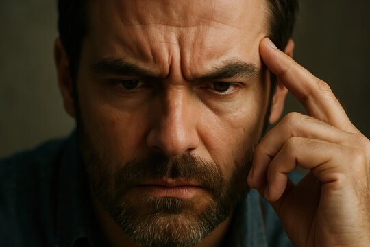 A man with a beard holding his head in his hand - Powered by Adobe