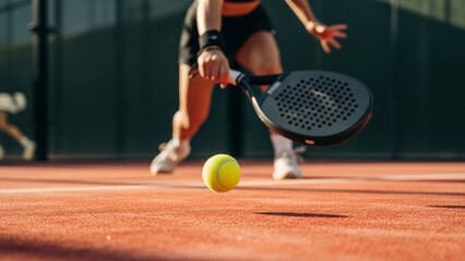 Action shot of padel game, paddle racket about to strike tennis ball, intense outdoor sports atmosphere, ideal for health and exercise advertising.