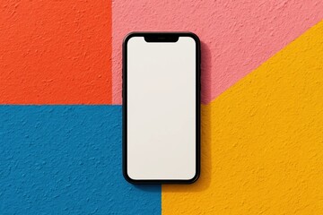 A black phone with a white screen on a colorful wall