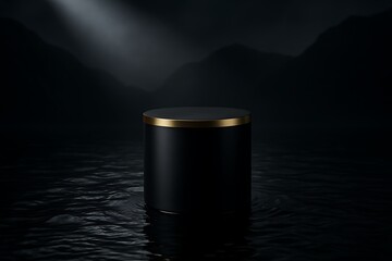 Black cylinder podium with gold rim on dark water, mountains in background