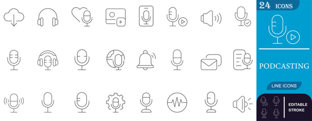 Minimal line icons for podcasting and audio content creation. Includes mic, headphones, sound, playlist, notification, and waveform symbols. Perfect for digital media.