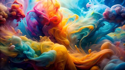 swirling vibrant inks in water, macro shot, creating ethereal and dynamic abstract forms.