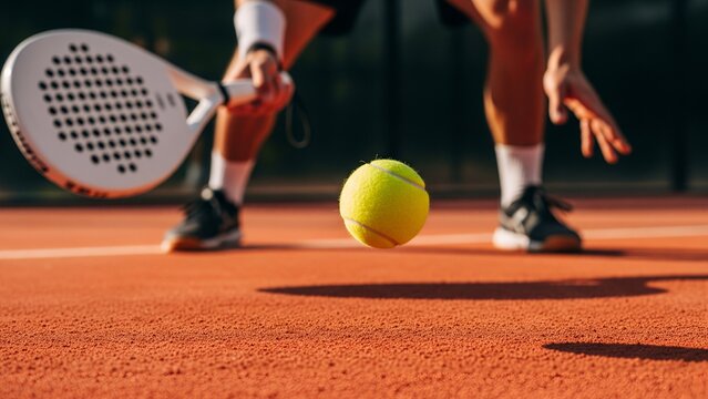 Professional padel player in action, close-up of paddle and tennis ball on clay court, dynamic sports moment, perfect for athletic and sports-themed designs.
