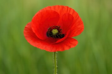 Fototapeta premium A single red poppy flower in the middle of a green field