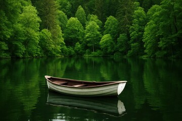 Obraz premium A small boat floating on top of a lake surrounded by trees